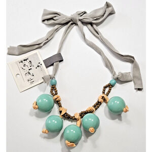 NWT Chunky Anthropologie Statement Necklace Mint Beads Peach Gray Fabric Minimal